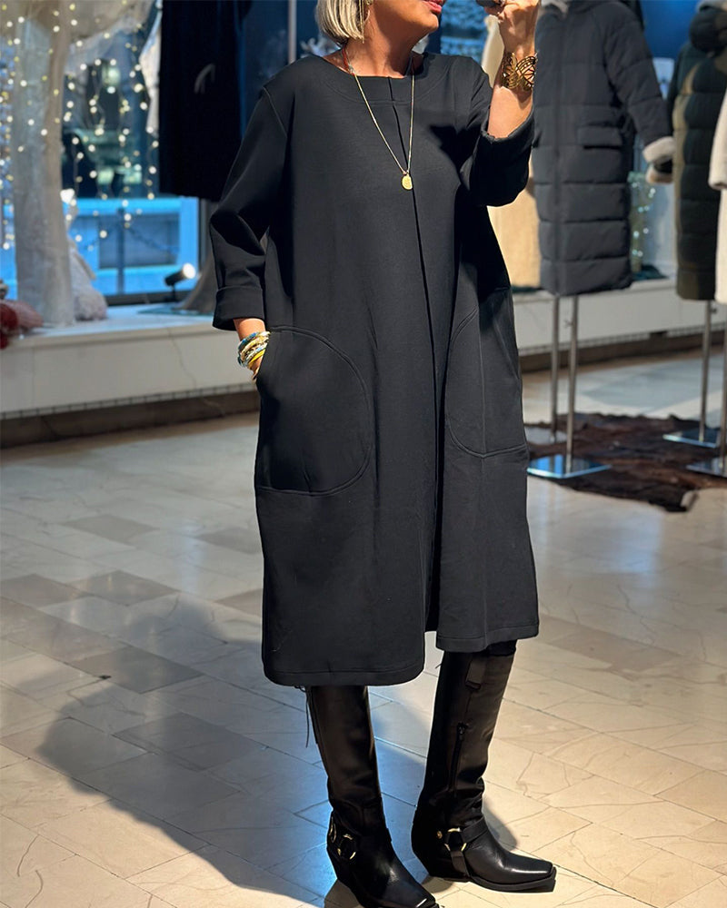 Casual solid color round neck pocket loose dress