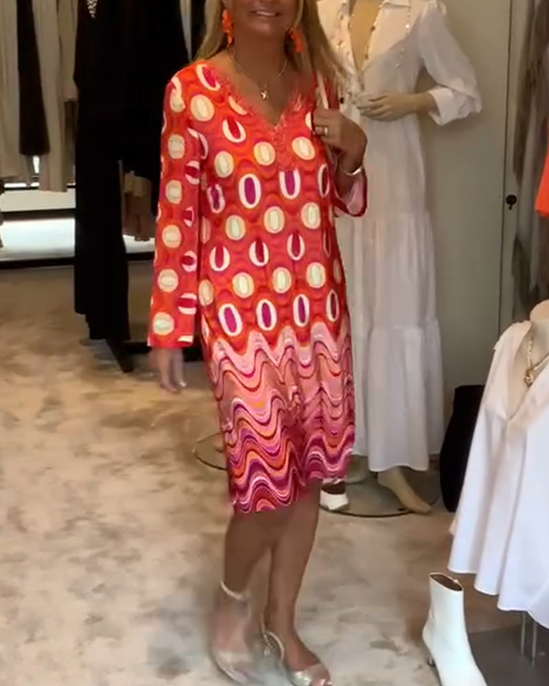 Casual loose printed V-neck long-sleeve dress