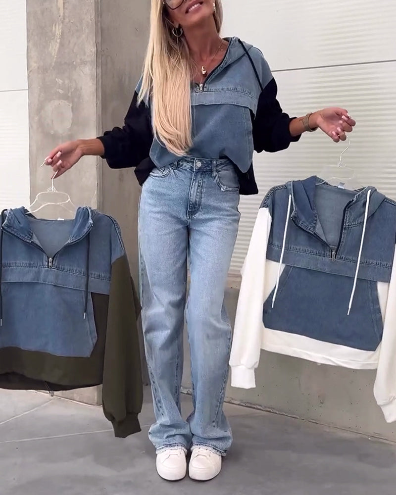 Casual denim patchwork zipper hoodie