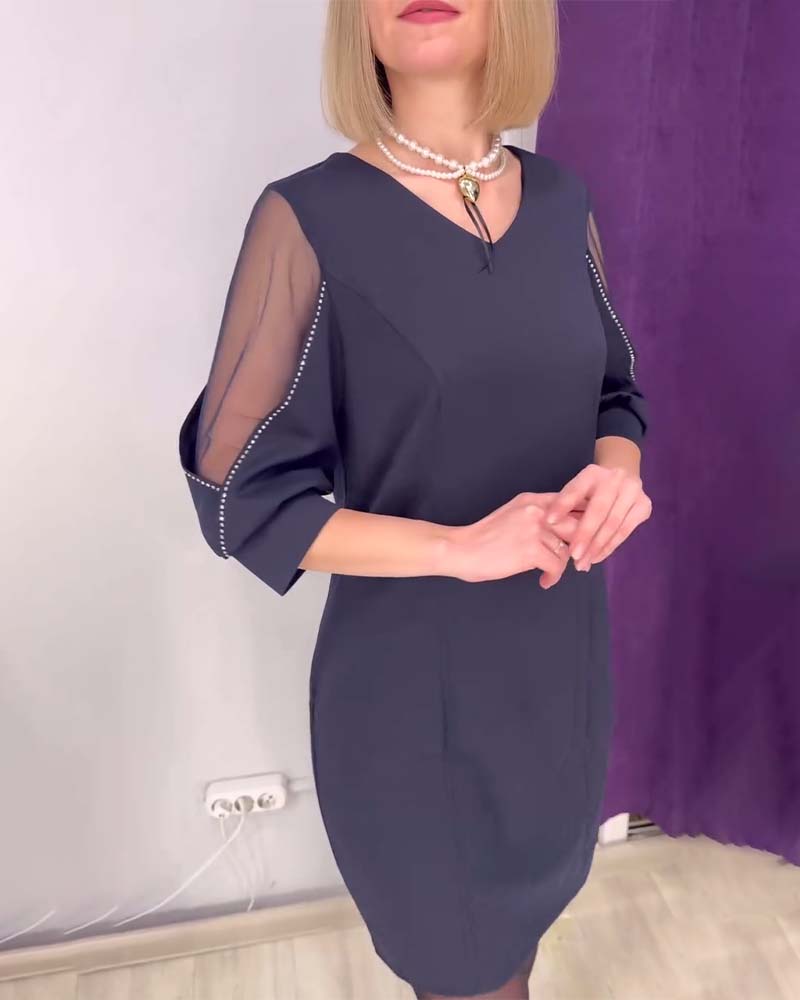 Half-sleeved V-neck Rhinestone Stitching Dress