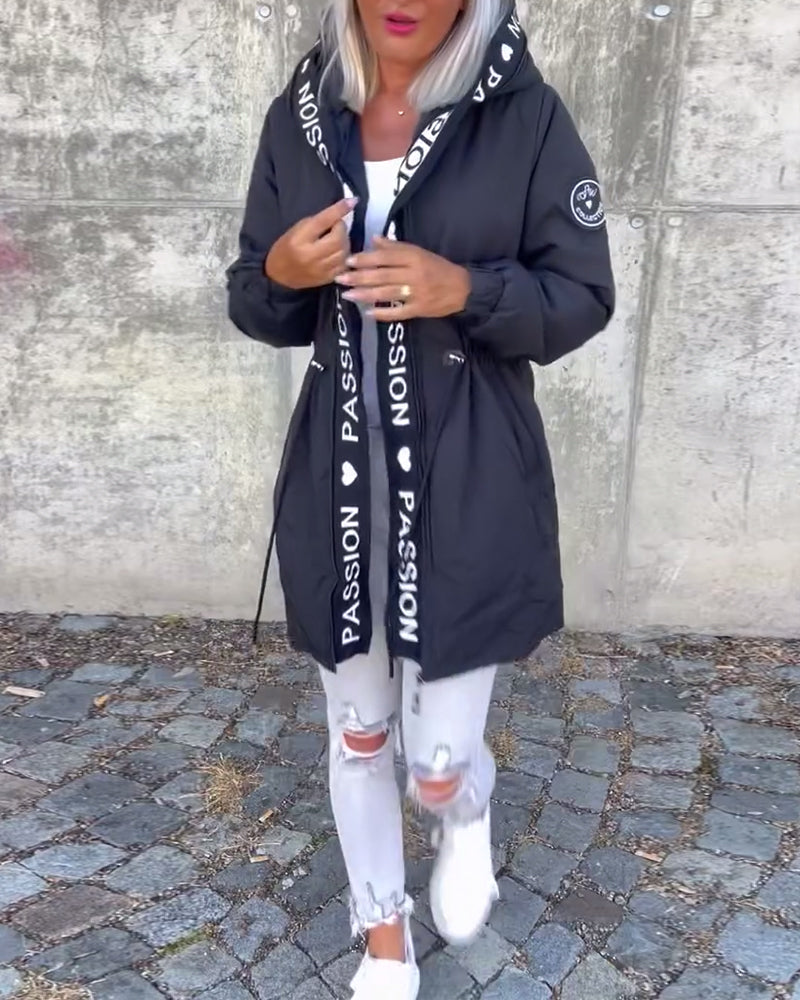 Casual letter print drawstring hooded coat