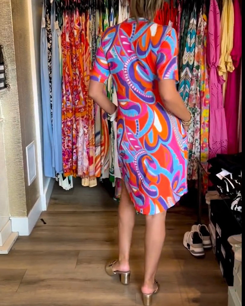 Colorful printed pocket V-neck dress