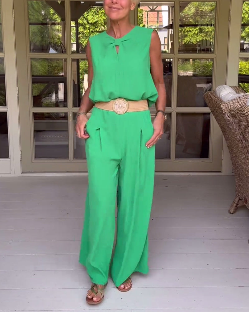 Solid color sleeveless hollow tank top wide leg pants set