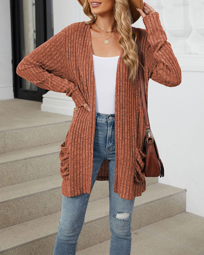 Casual solid color pocket long sleeve cardigan