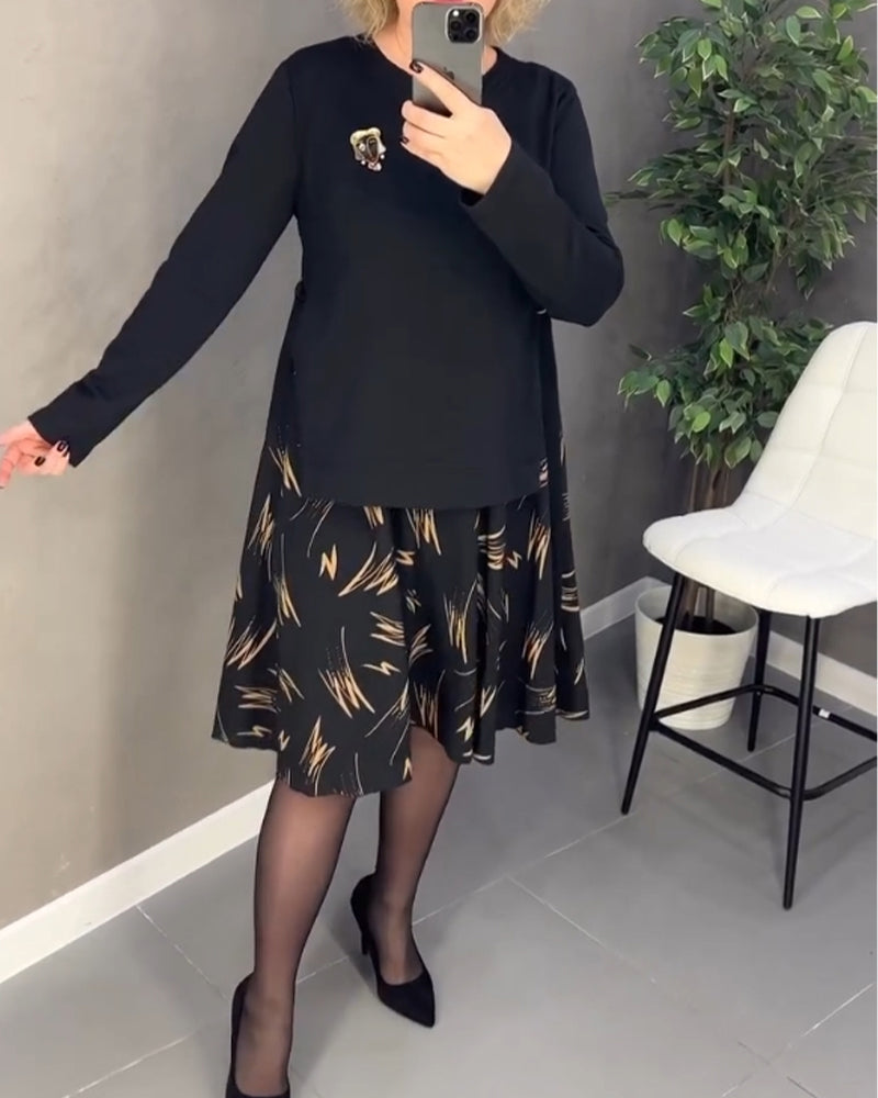 Casual Loose Print Dress with Round Neck