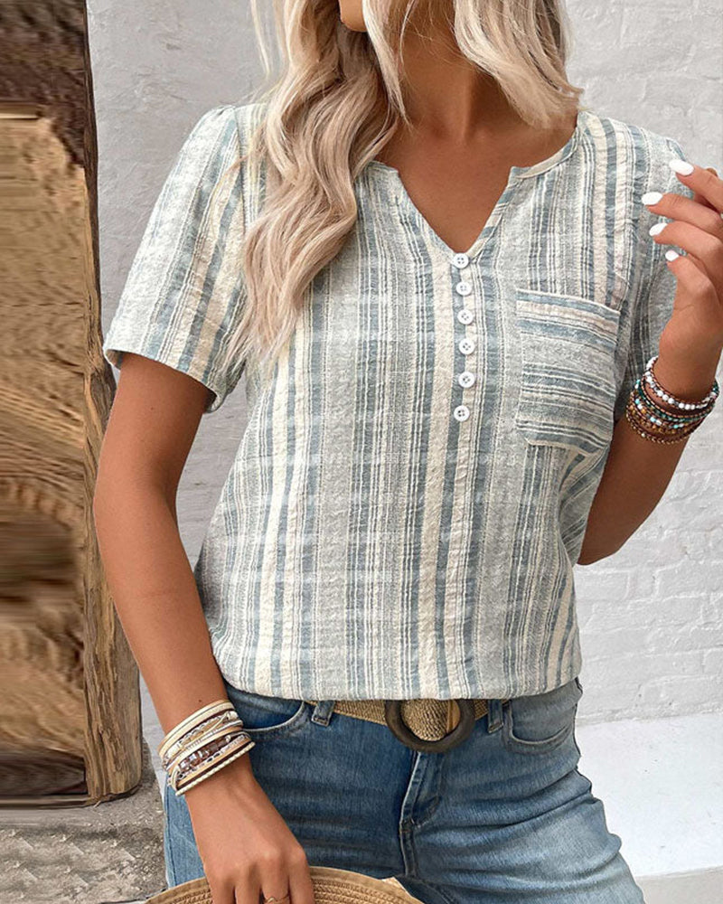 Casual V Neck Striped Plaid T-Shirt