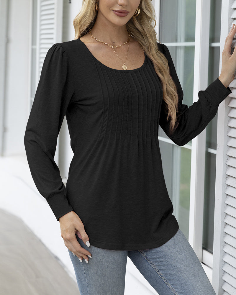 Casual solid color round neck pleated top