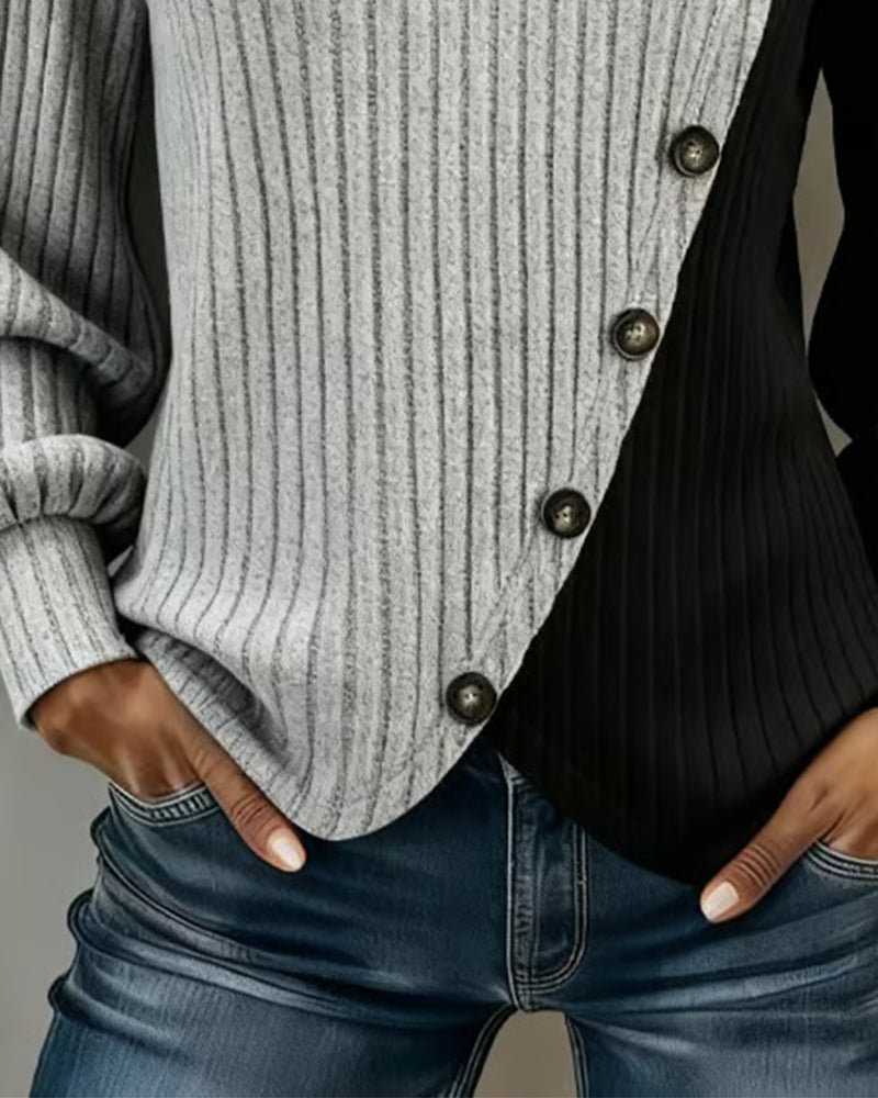 Color-Blocked Ribbed Cross Hem Long-Sleeved Top