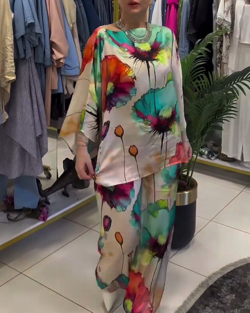 Lotus print one-shoulder three-quarter sleeve set