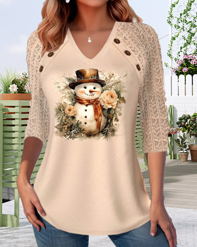 Casual V-neck snowman print top