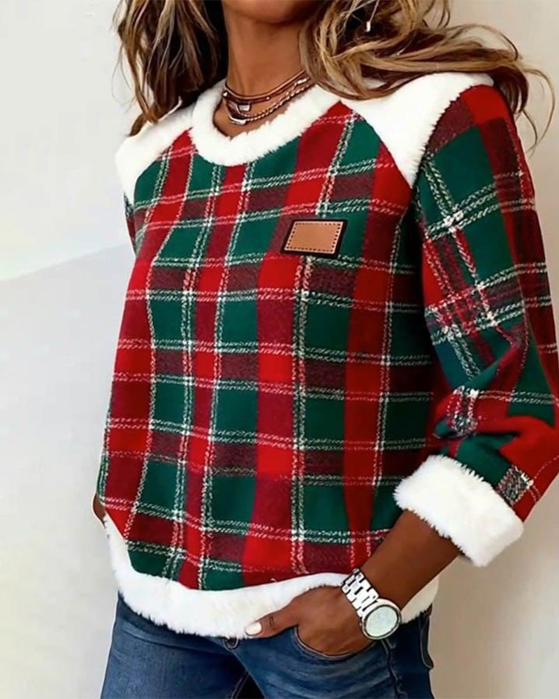 Plush Crew Neck Patchwork Plaid Sweatshirt