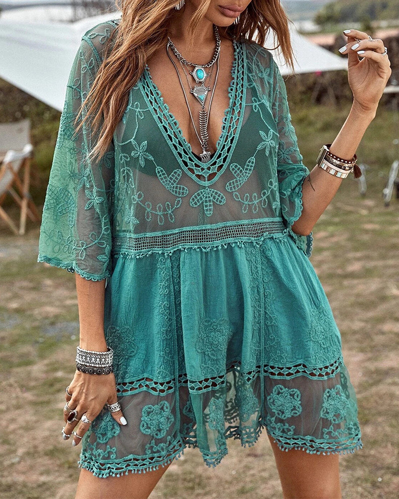 V-Neck Lace Embroidered Smock