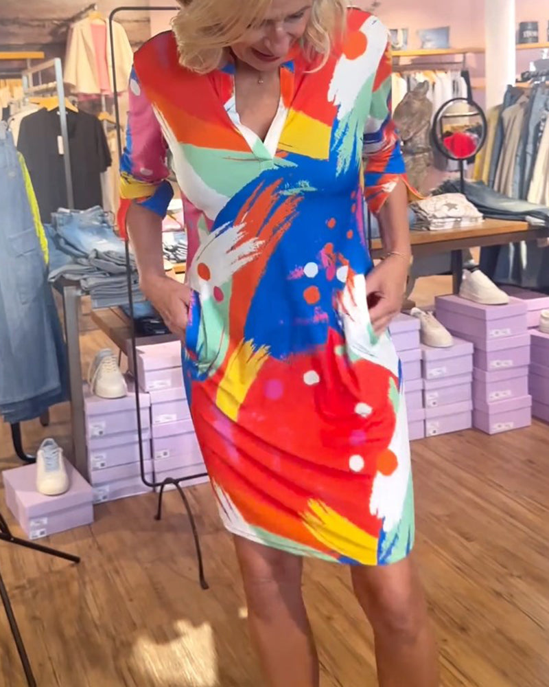 Colorful printed V-neck elegant dress