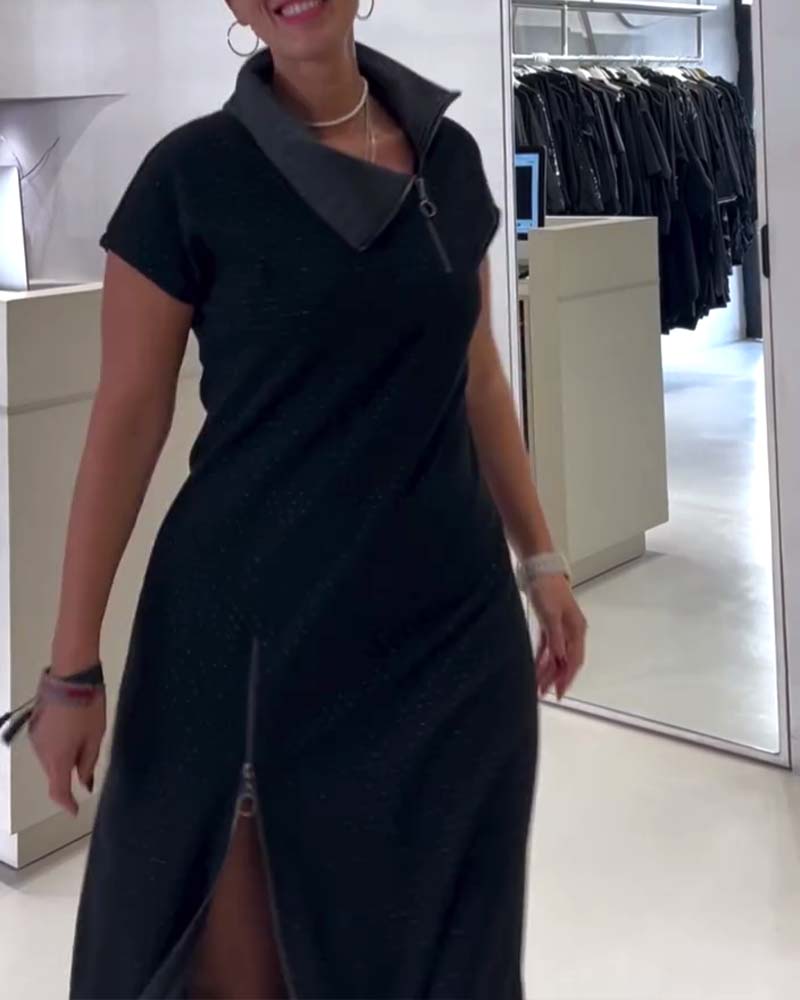 Casual Asymmetrical Neck Zipper Slit Dress