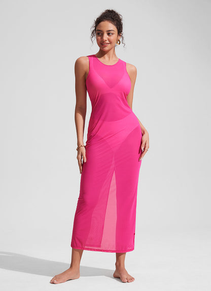 Mesh Midi Sleeveless Swimsuit Coverup with Back Slit