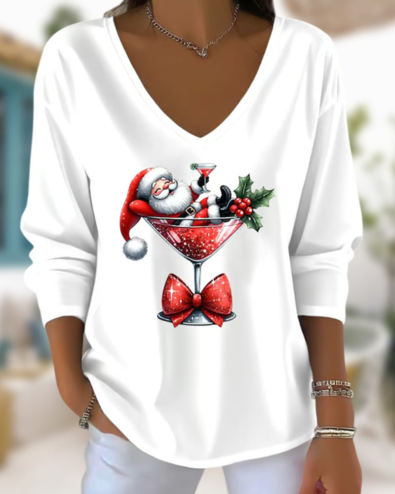 V-Neck Loose-Fitting Christmas Wine Glass Print Top