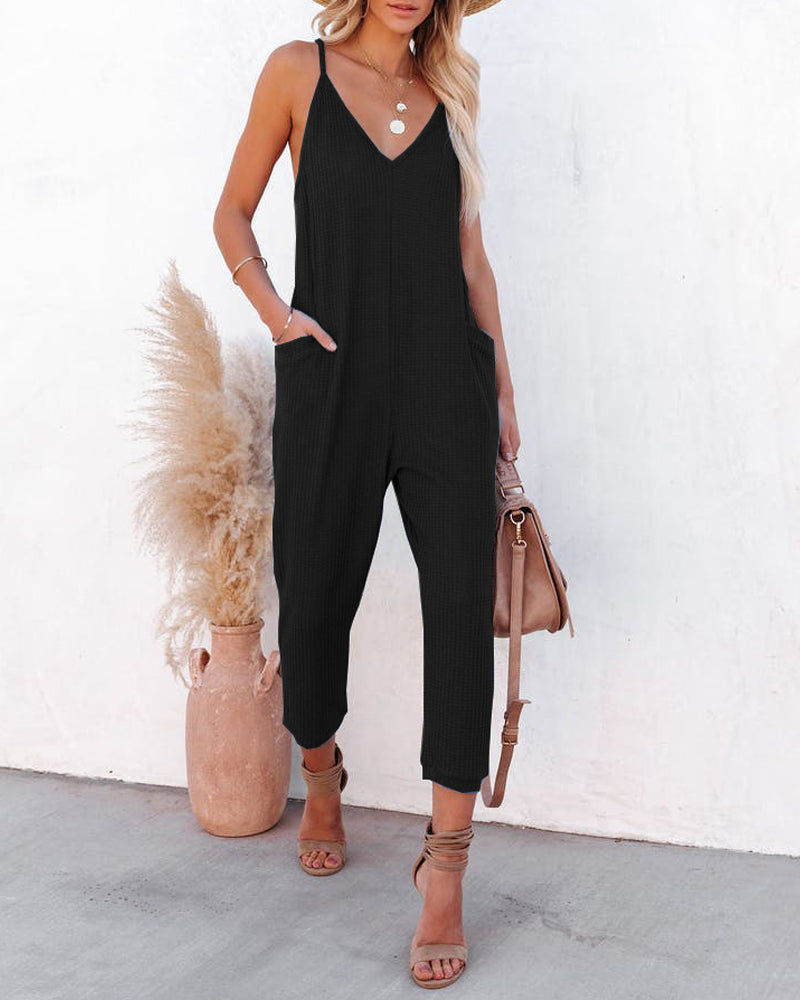Solid color v-neck suspender pocket jumpsuit