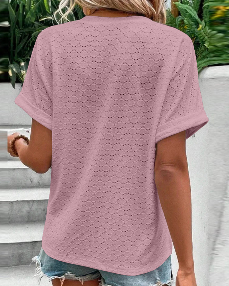 Casual solid color button v-neck blouse