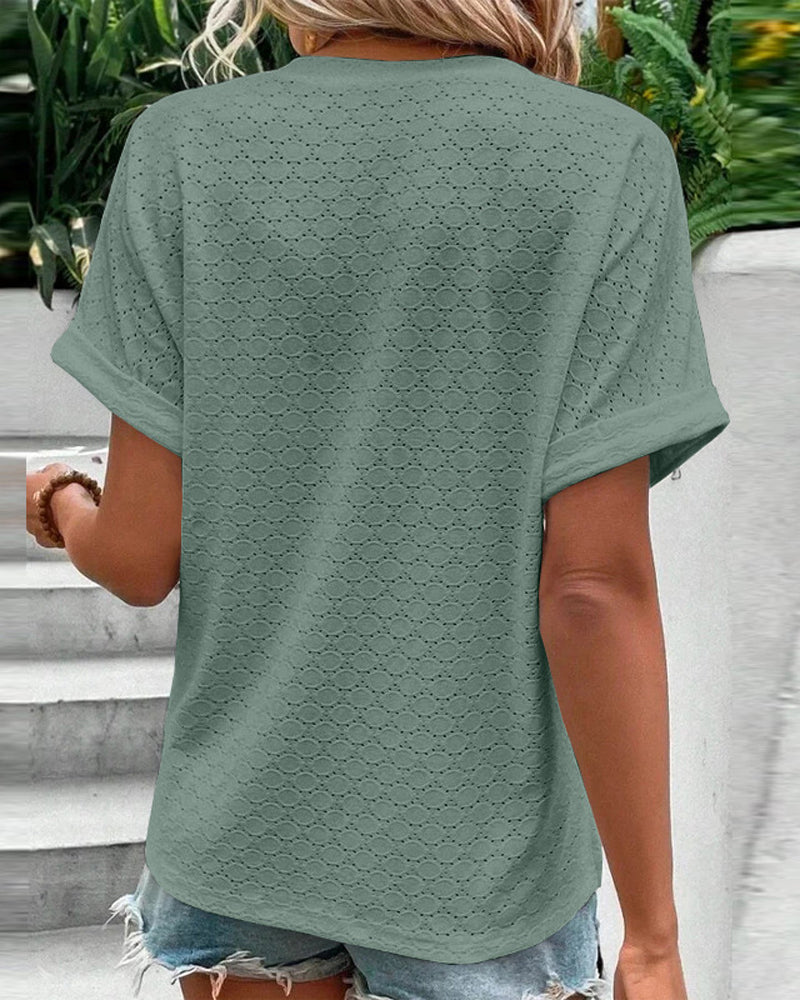 Casual solid color button v-neck blouse