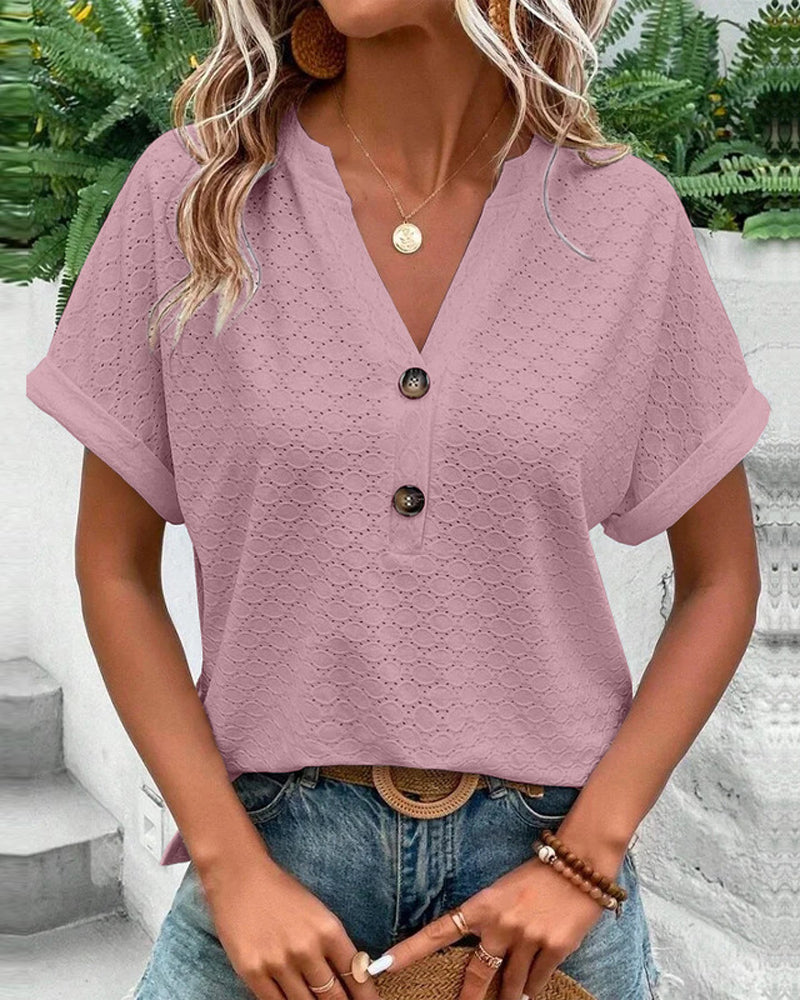 Casual solid color button v-neck blouse