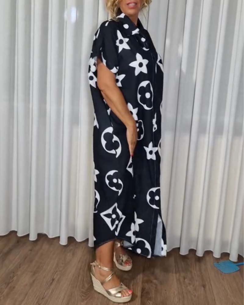 Contrast print lapel button casual dress