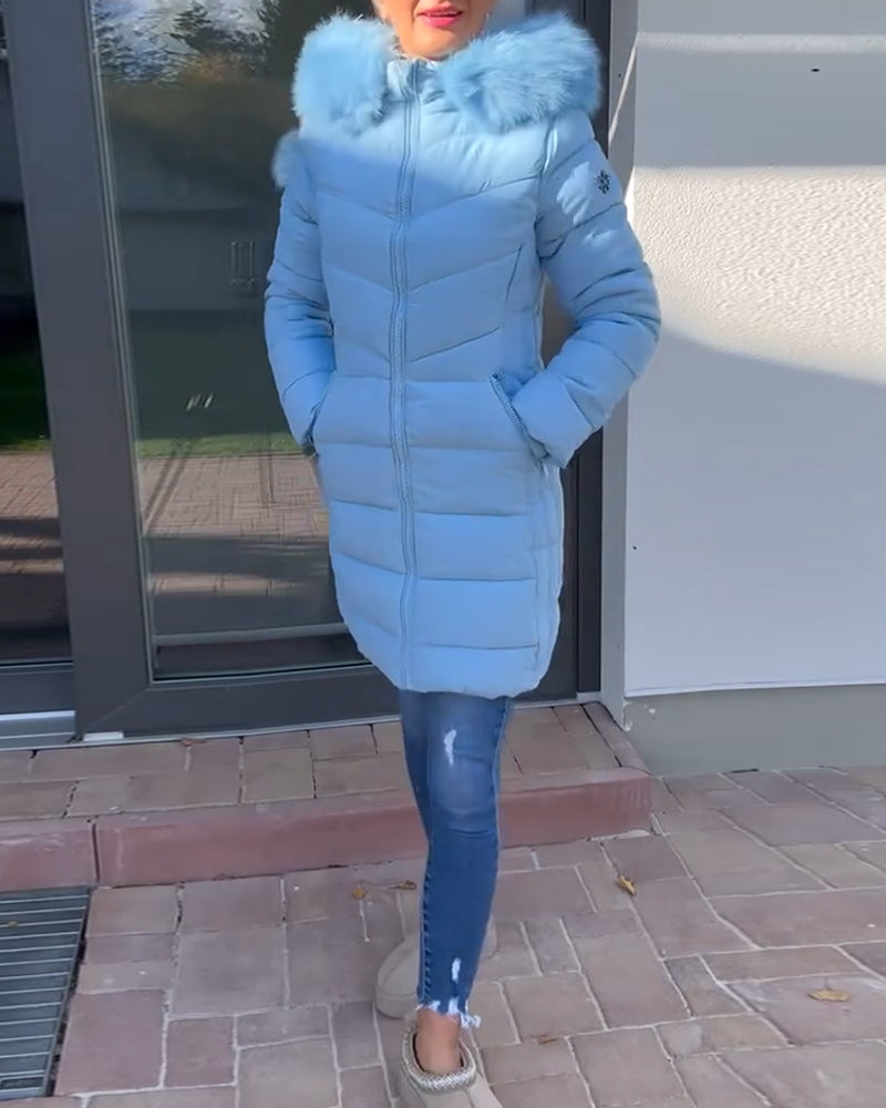 Casual solid color zipper pocket hooded padded jacket