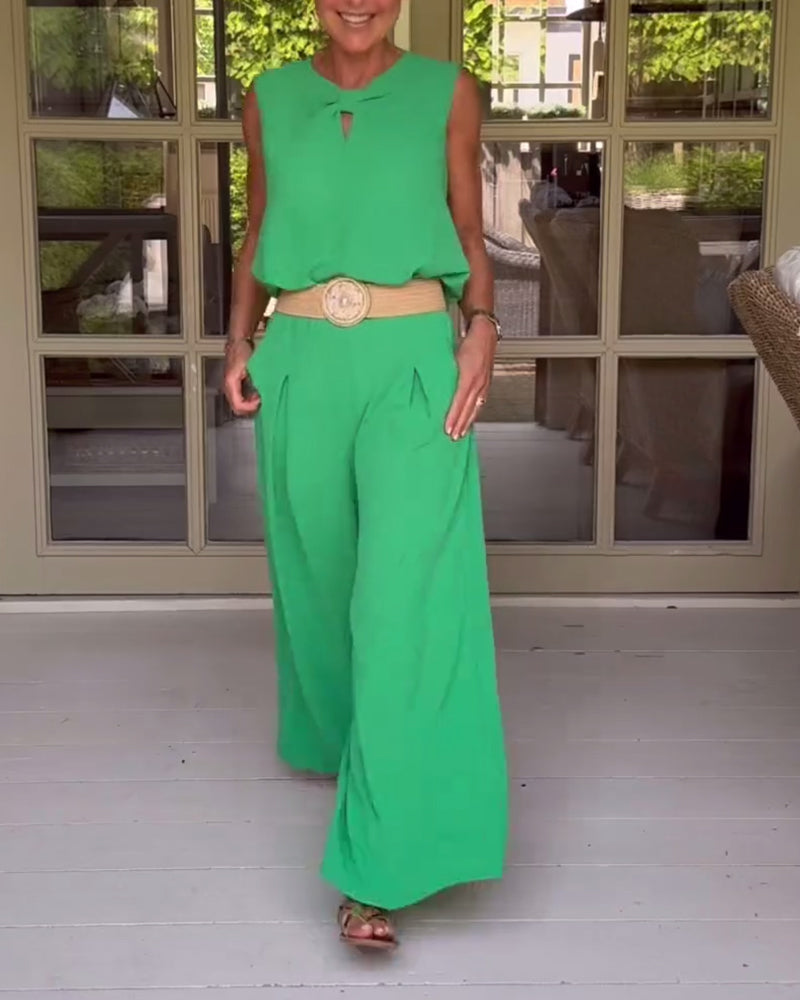 Solid color sleeveless hollow tank top wide leg pants set