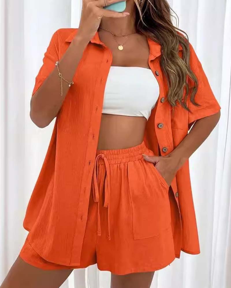 Casual solid color shirt and shorts set