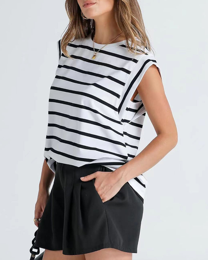 Casual striped print round neck sleeveless top