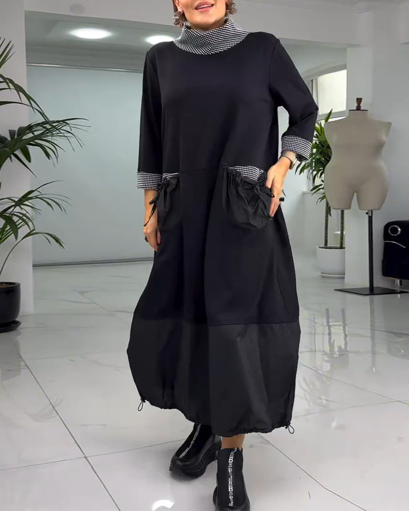 Casual plaid patchwork high collar pocket dress