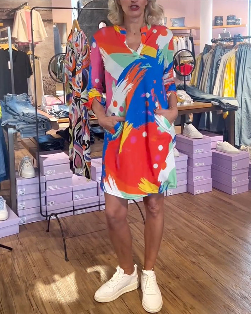 Colorful printed V-neck elegant dress