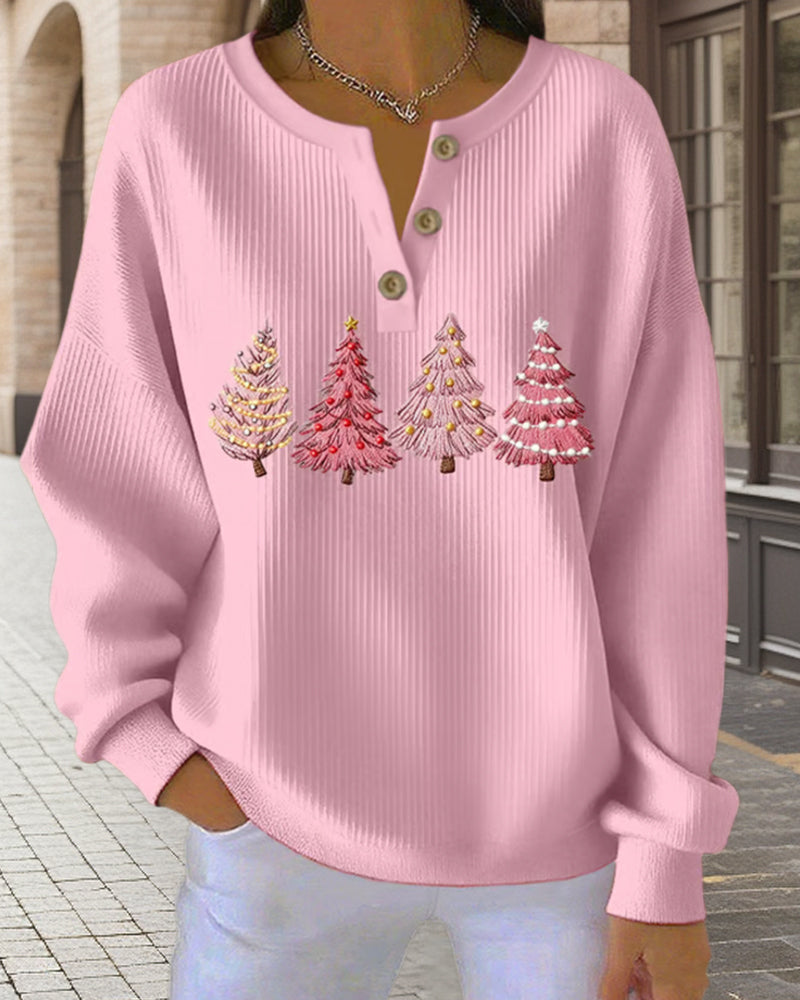 Buttoned Christmas Tree Print Sweatshirt