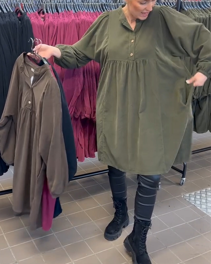 Button V-Neck Long-Sleeved Dress