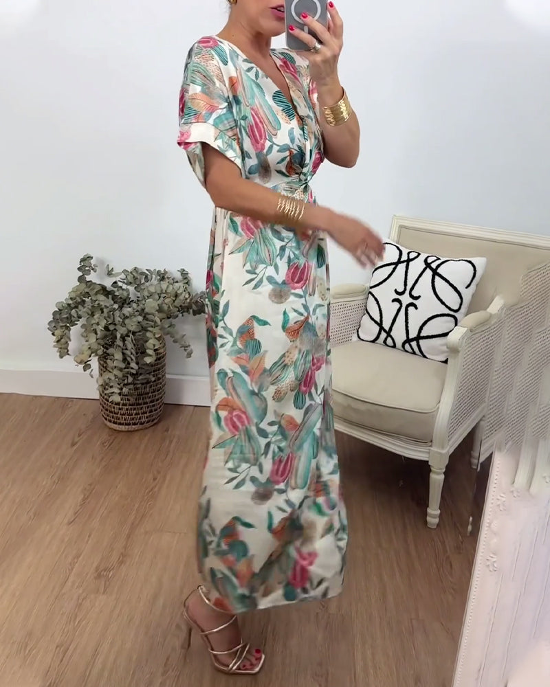 Botanical print v-neck twist elegant dress