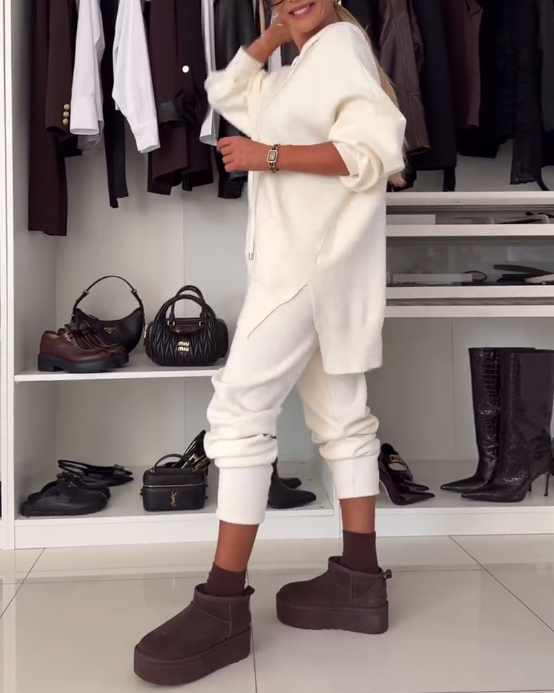 Two-piece set - solid color sweater and pants