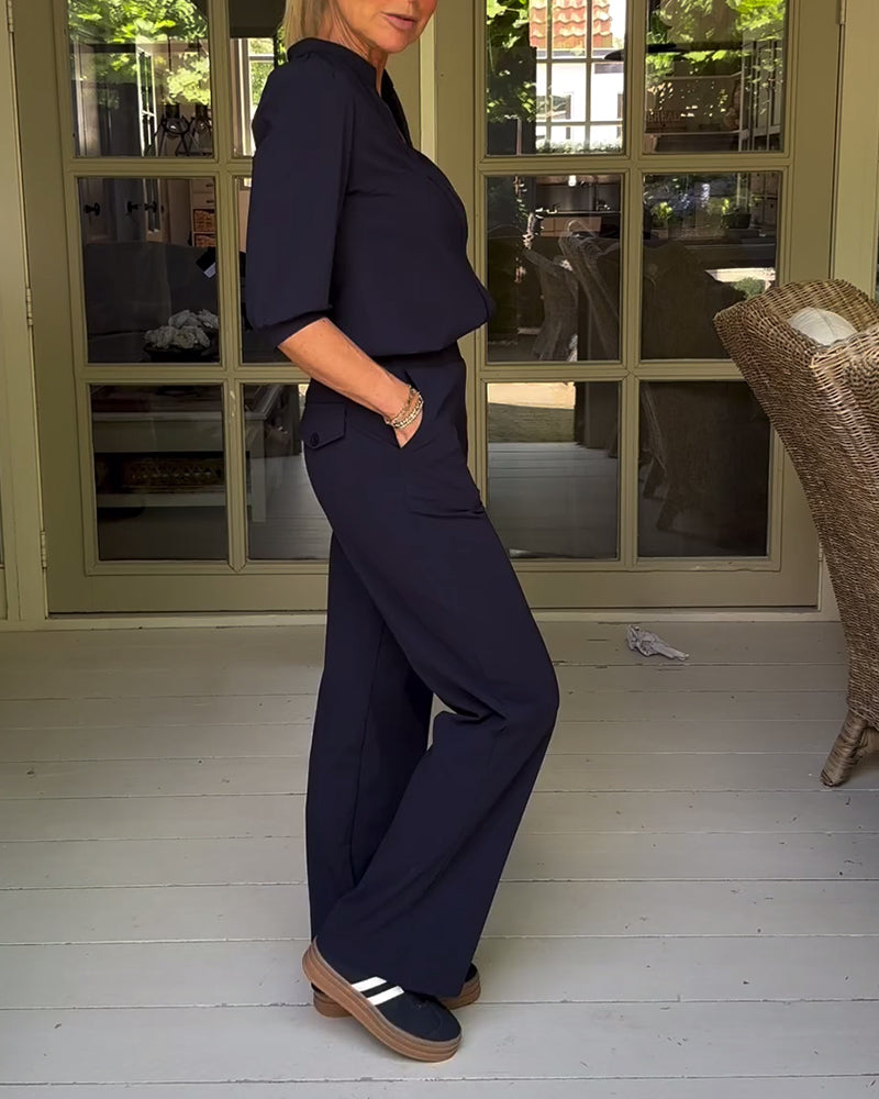 Fashion solid color V-neck pocket set