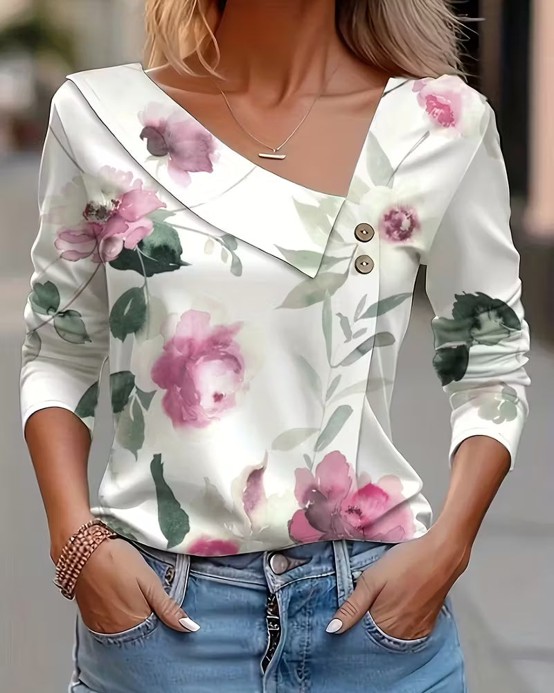 Asymmetrical Printed Long-Sleeved Blouse