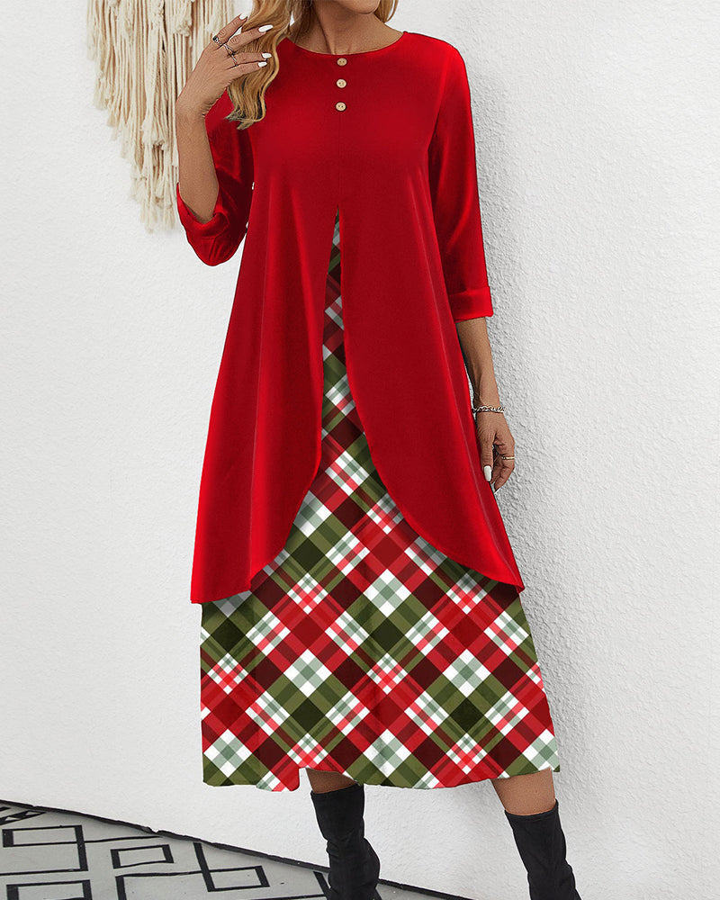 Red fake 2in1 plaid a line velvet dress
