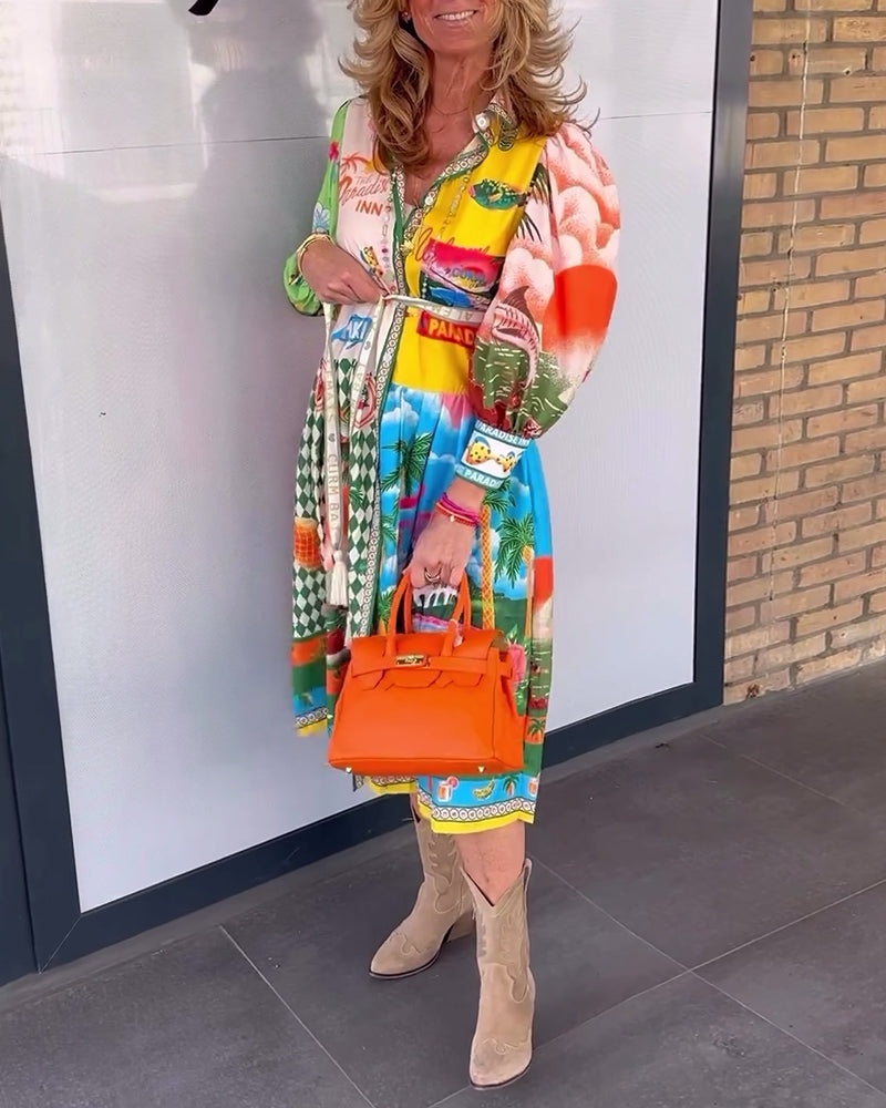 Colorful printed lapel long-sleeved dress