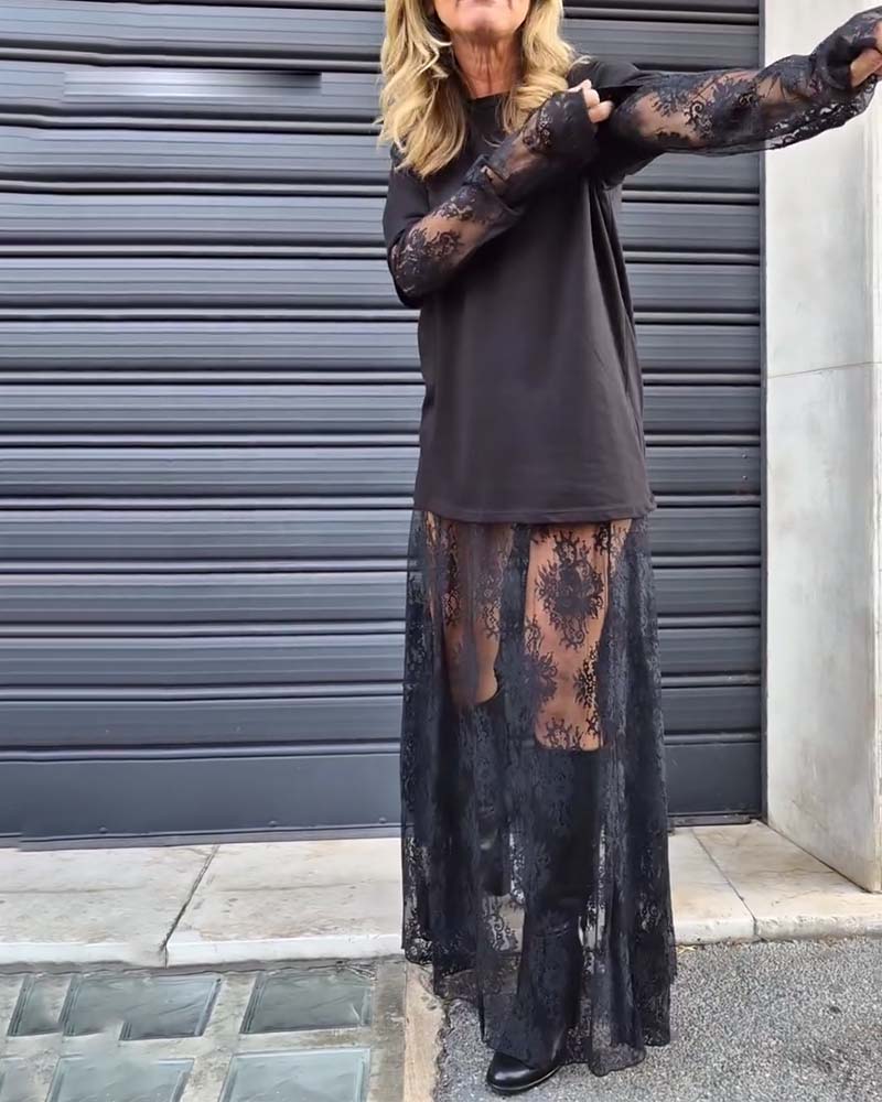 Two-piece set - solid color T-shirt and lace skirt