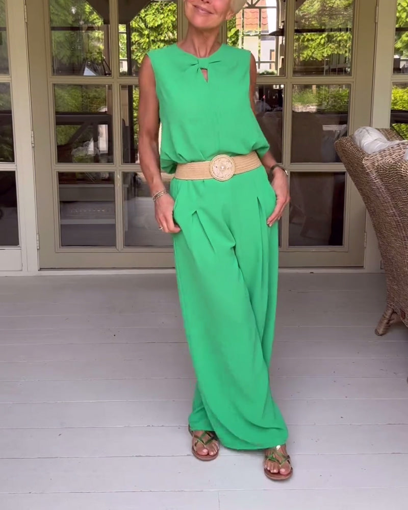 Solid color sleeveless hollow tank top wide leg pants set