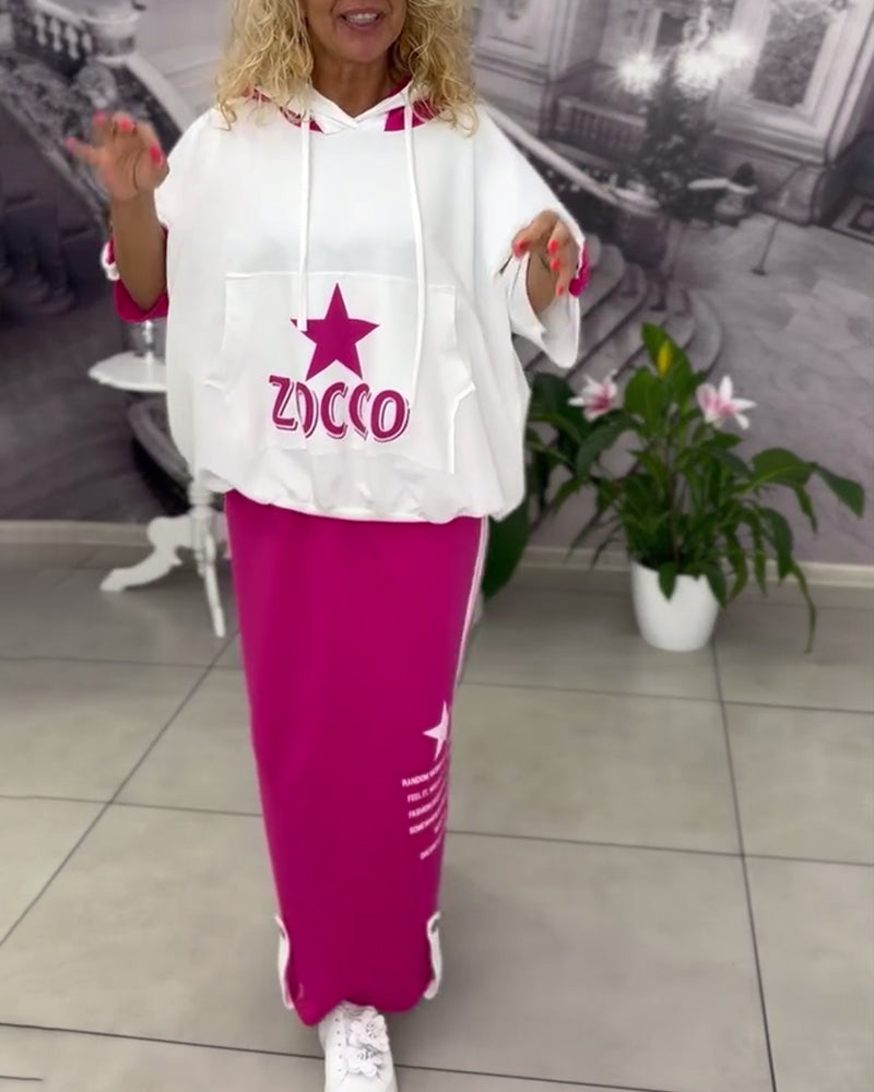 Hooded Drawstring Printed Skirt Set