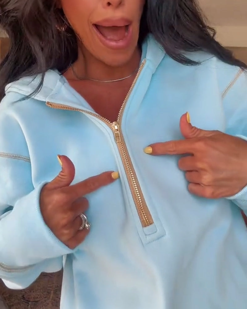 Casual Hooded Solid Color Zipper Sweatshirt