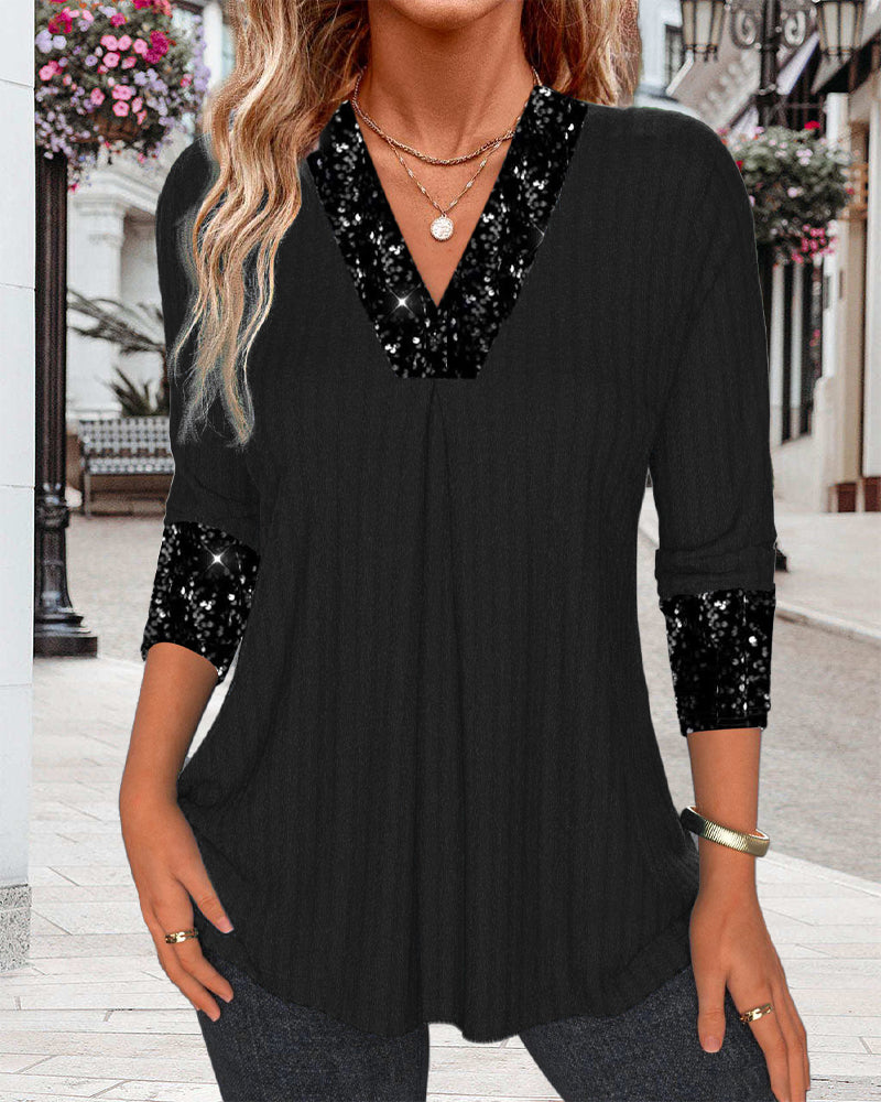 Casual solid color sequin patchwork pleated top