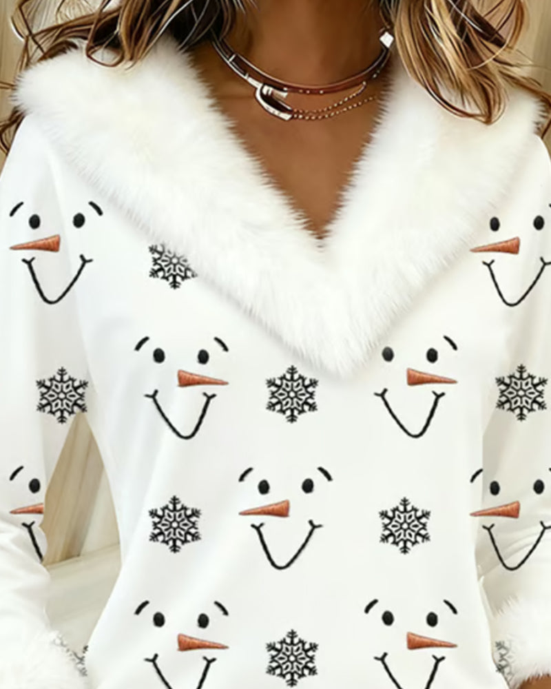 Fashionable Printed Fur Collar Top