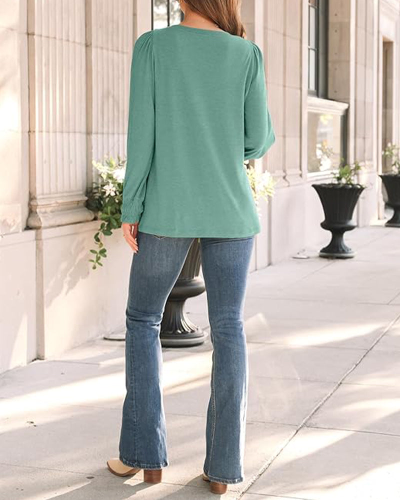 Balloon Sleeve Crewneck Pleated Top