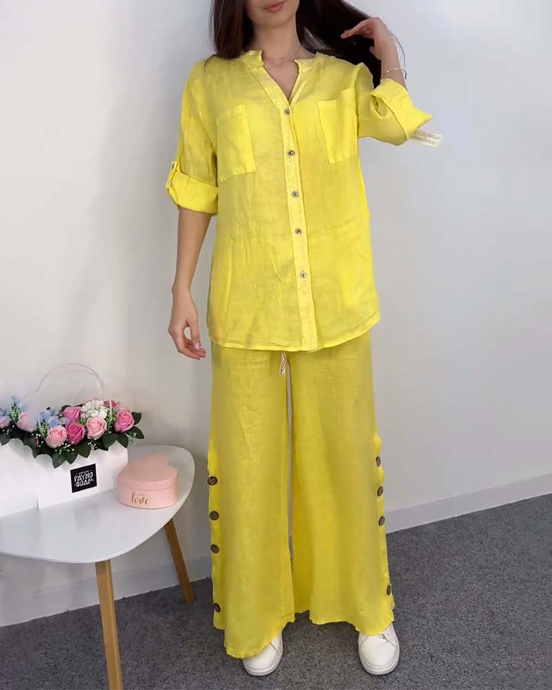 Solid color button pocket lace blouse wide leg pants set