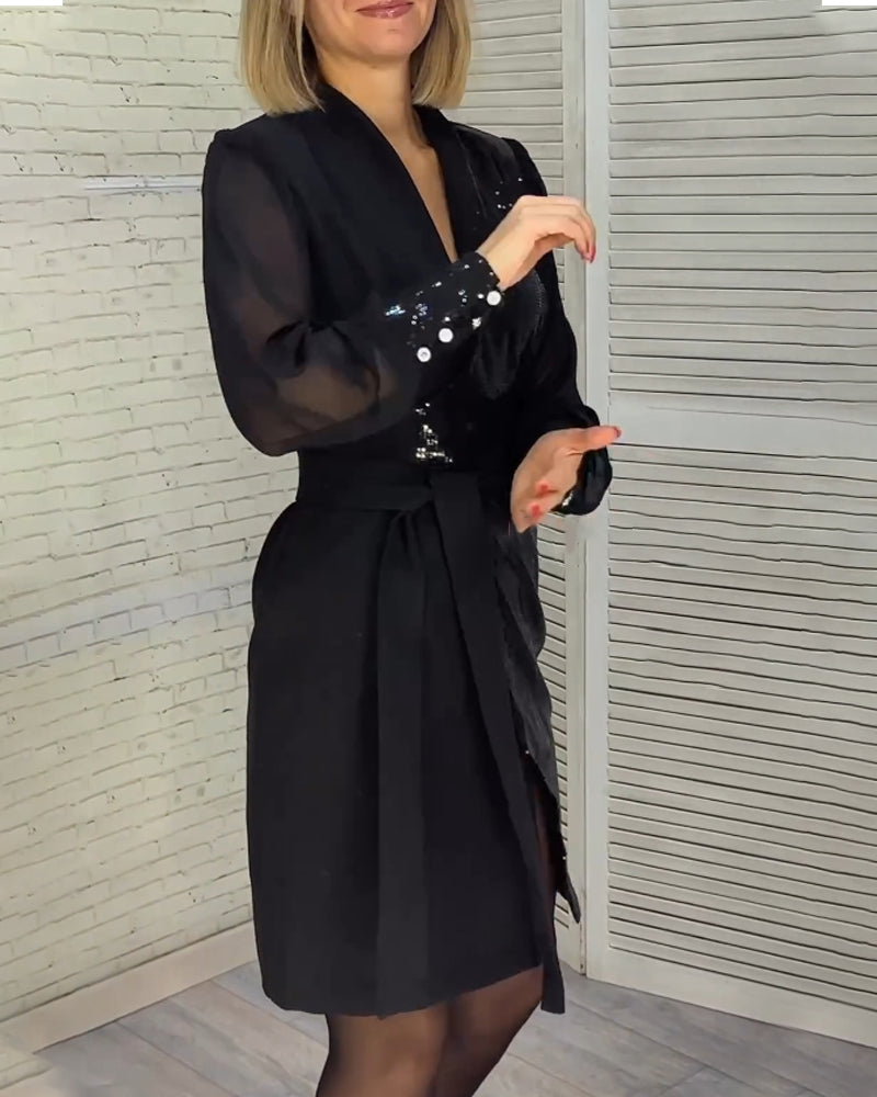 Sequin paneled long-sleeved dress