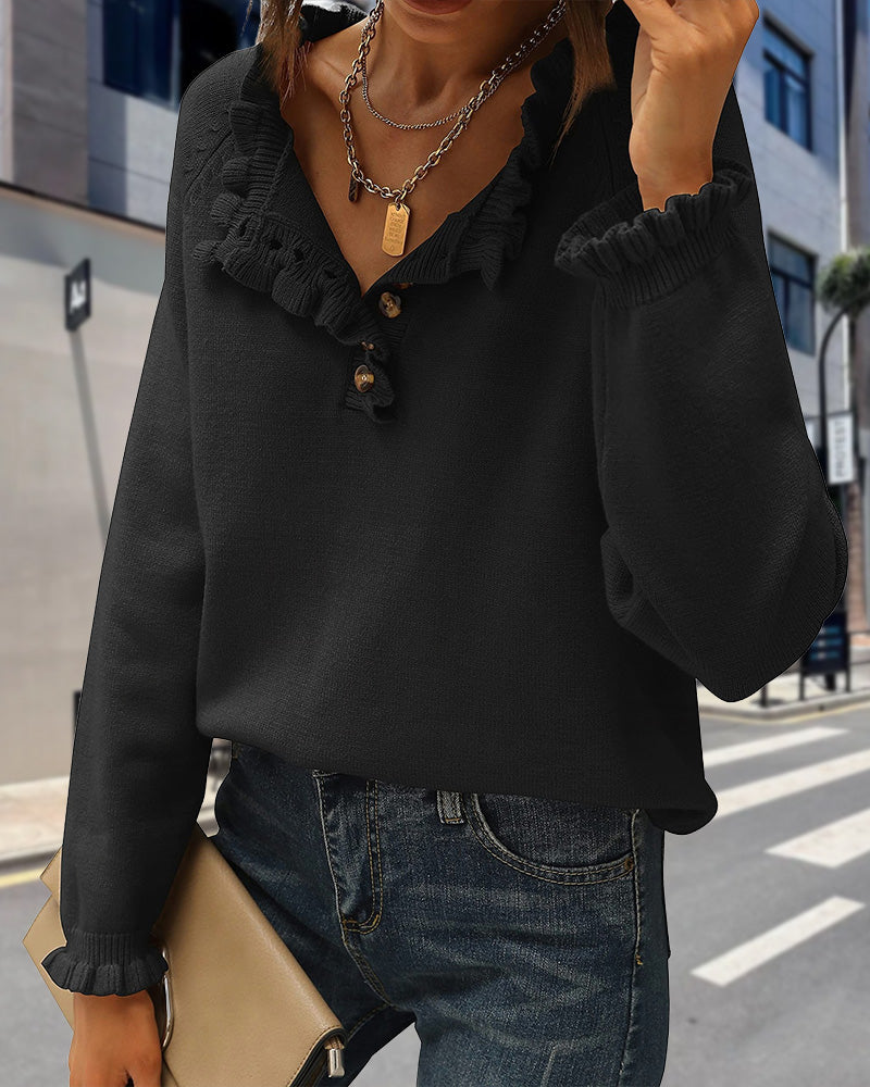 Casual solid color lapel button ruffle pullover