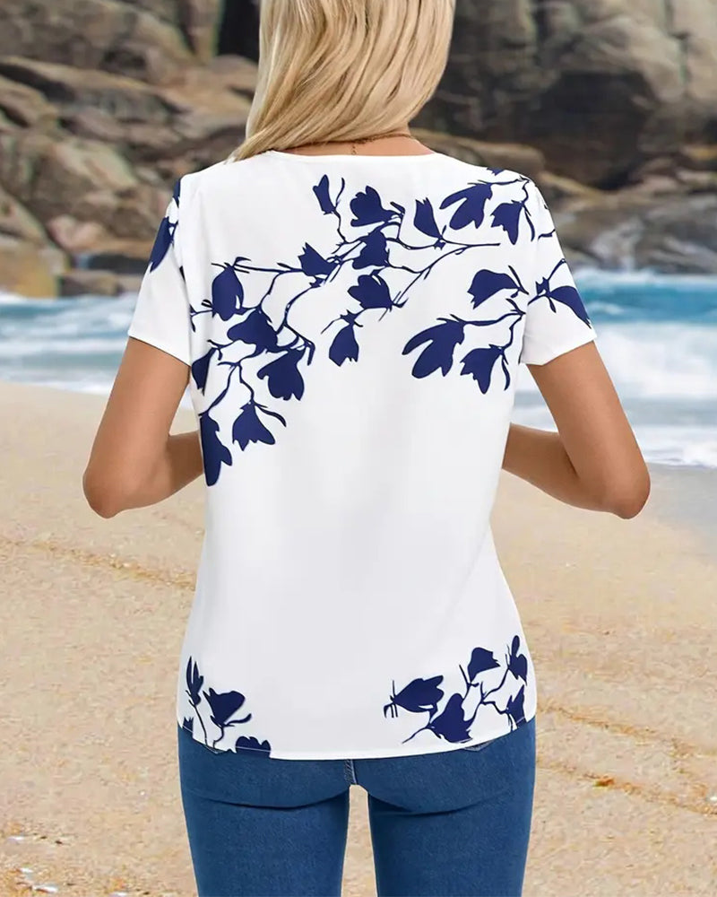 Casual Round Neck Irregular Print T-Shirt